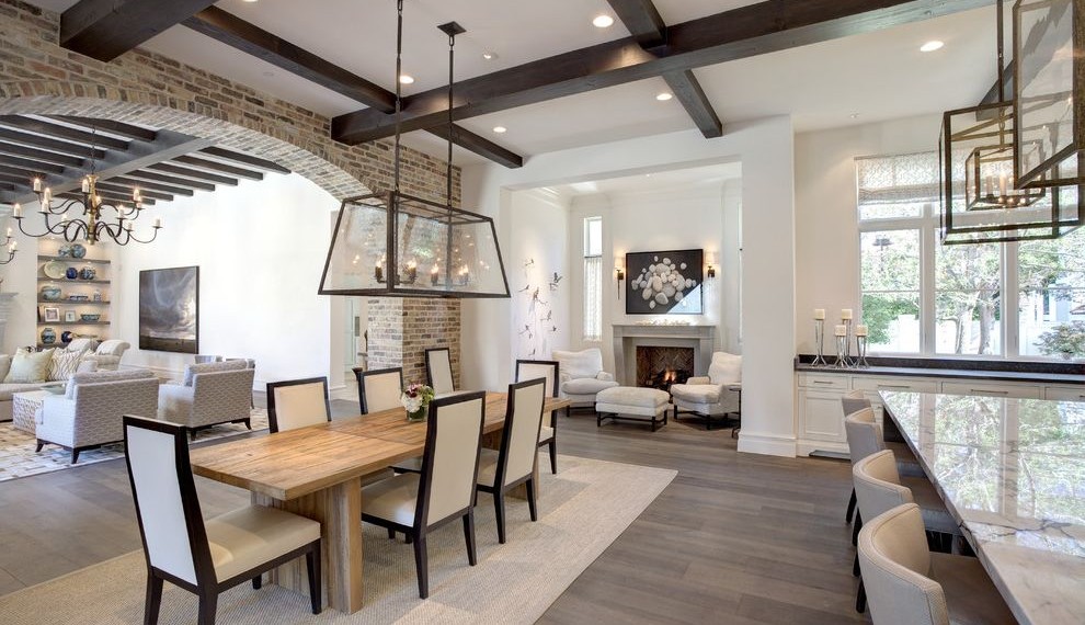 Benjamin Moore Exterior Paint Colors Transitional Dining Room with Dark Wood Beams