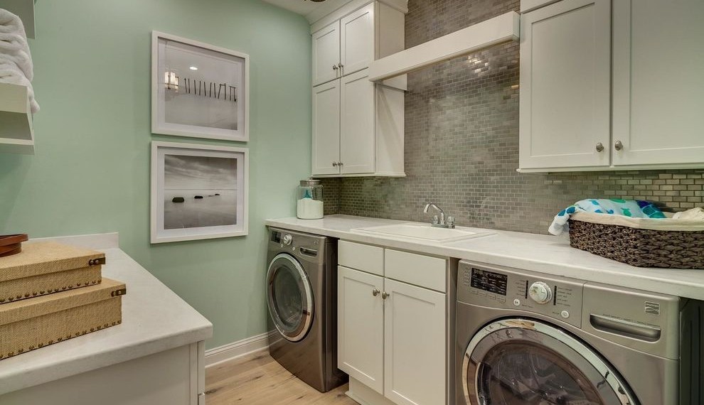Black Side by Side Refrigerator Beach Style Laundry Room with Mint Green Accents