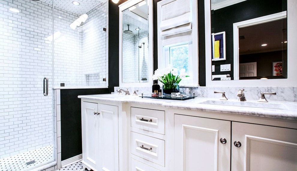 Black Side by Side Refrigerator Contemporary Bathroom with Marble Bathroom Counter