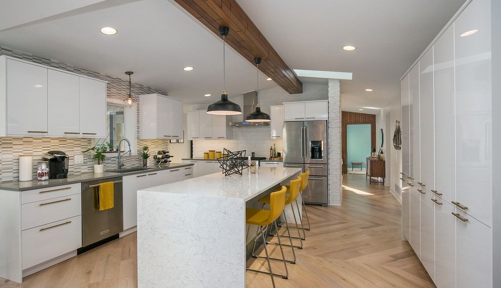 Black Side by Side Refrigerator Midcentury Kitchen with Herringbone Wood Floor