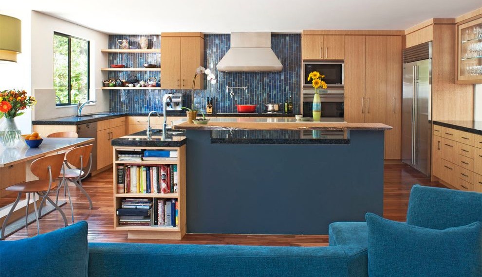 Blasting Cabinet Contemporary Kitchen with Blue Sofa