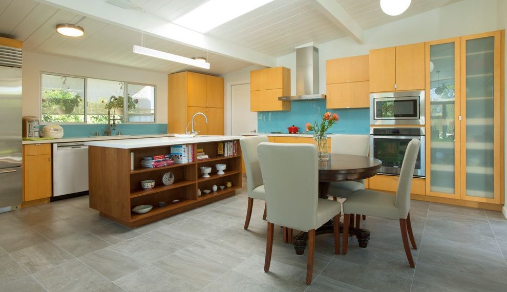 Blasting Cabinet Midcentury Kitchen with Round Dining Tables