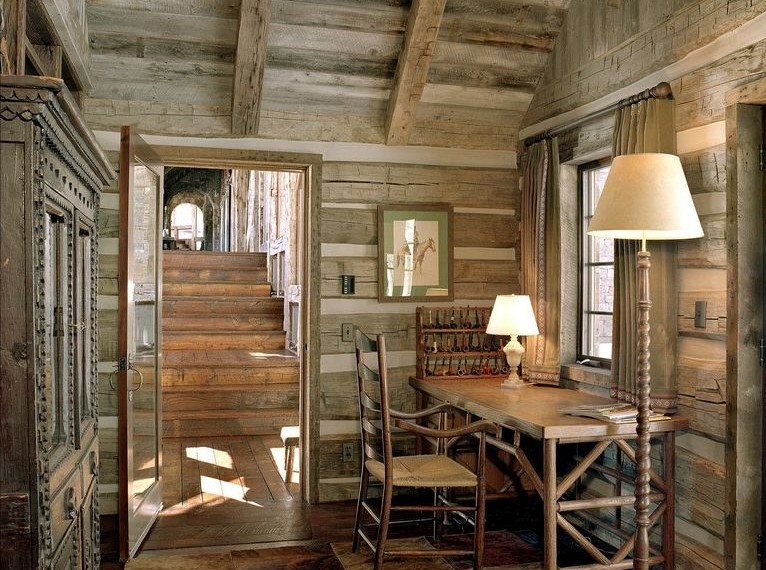Brown Wood Desk Rustic Home Office with Short Curtains