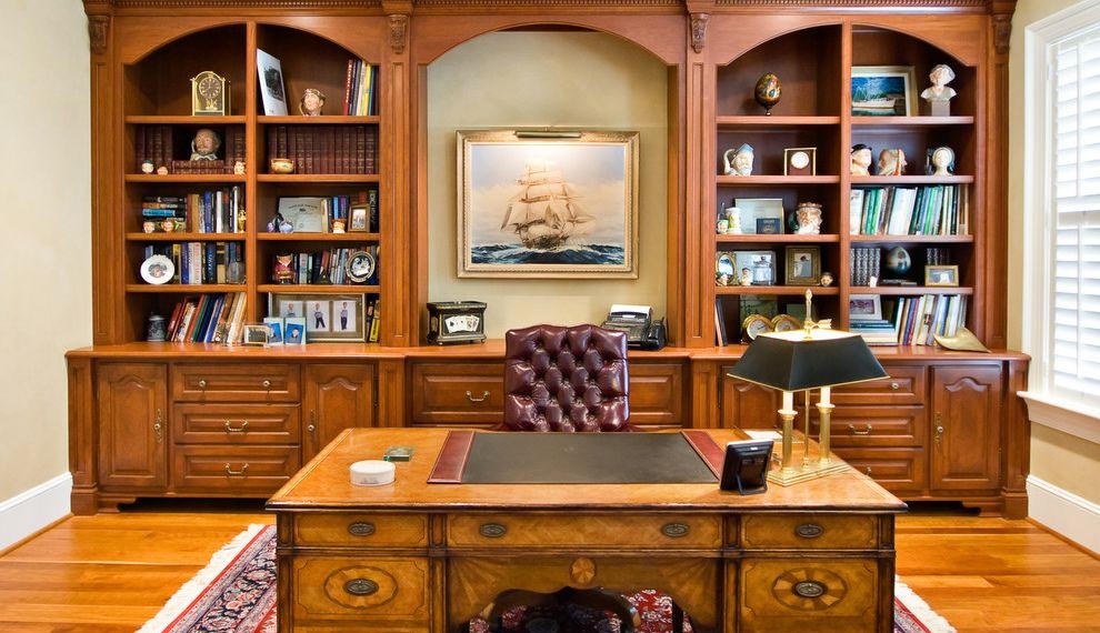 Brown Wood Desk Traditional Home Office with Wood Bookcase
