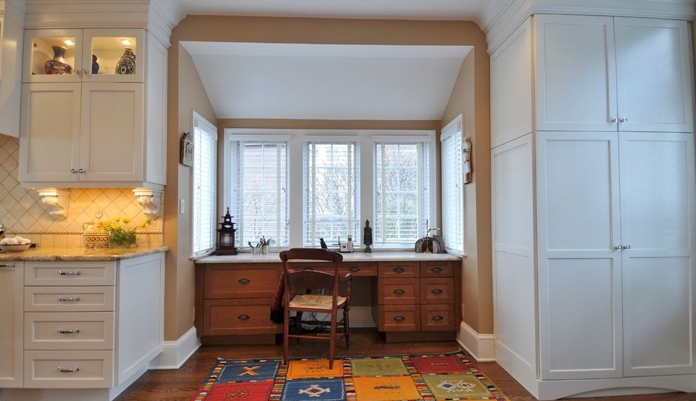 Brown Wood Desk Traditional Kitchen with Wood Floors