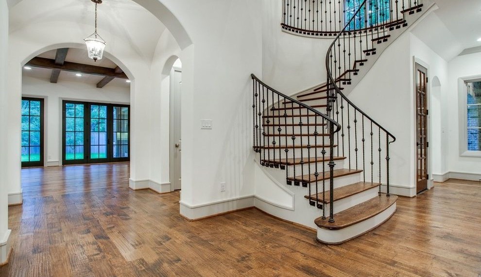 Brown Wood Desk Traditional Staircase with Gray Crown Molding