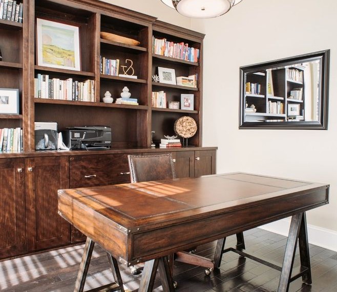 Brown Wood Desk Transitional Home Office with Cabinets