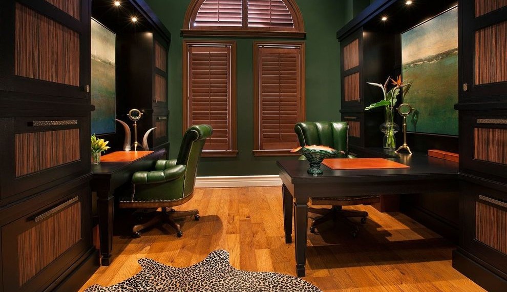 Brown Wood Desk Transitional Home Office with Dark Green Leather Chairs