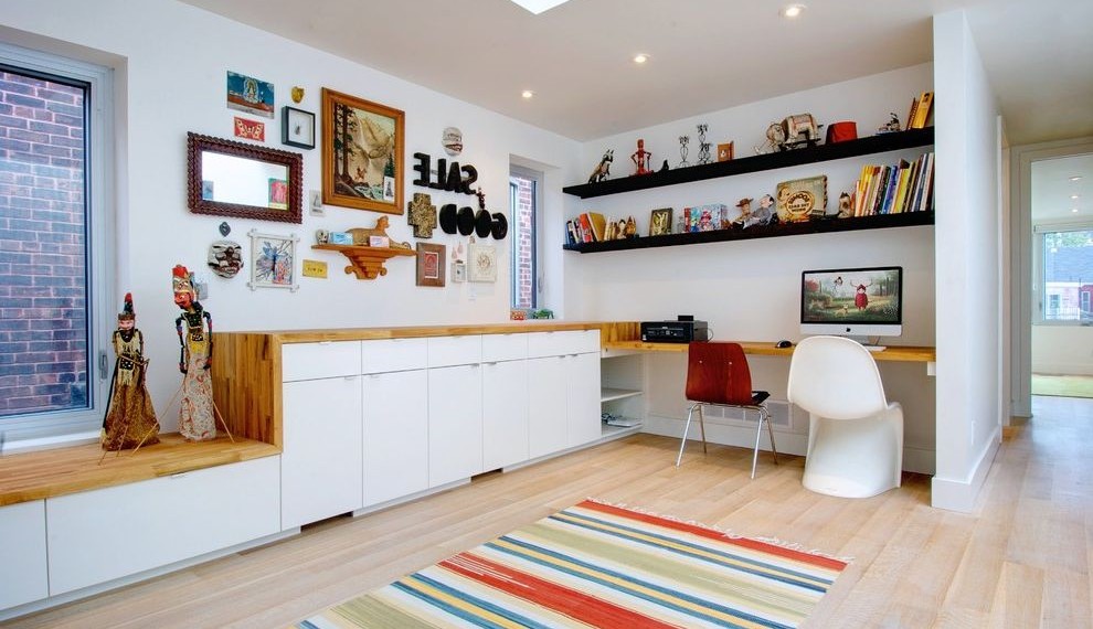 Butcher Block Table Top Eclectic Home Office with White Cabinets