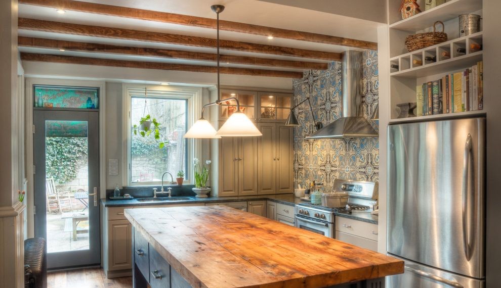 Butcher Block Table Top Traditional Kitchen with Accent Tiles