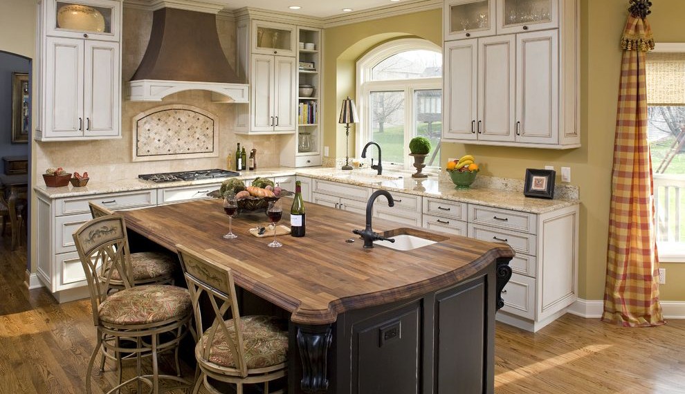 Butcher Block Table Top Traditional Kitchen with Kitchen Shelves