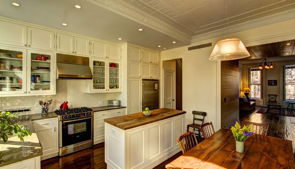 Butcher Block Table Top Victorian Kitchen with Stainless Steel
