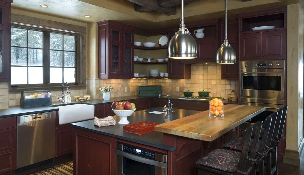 Butcher Block Tops Rustic Kitchen with Dark Wood Cabinets