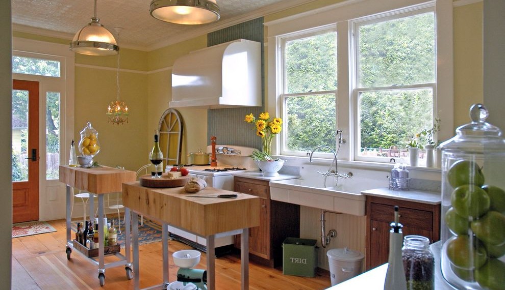 Butcher Block Tops Traditional Kitchen with Dirt Bin