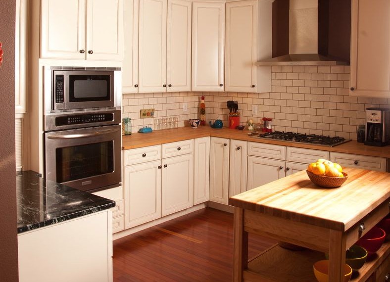 Butcher Block Tops Traditional Kitchen with Tile Back Splash