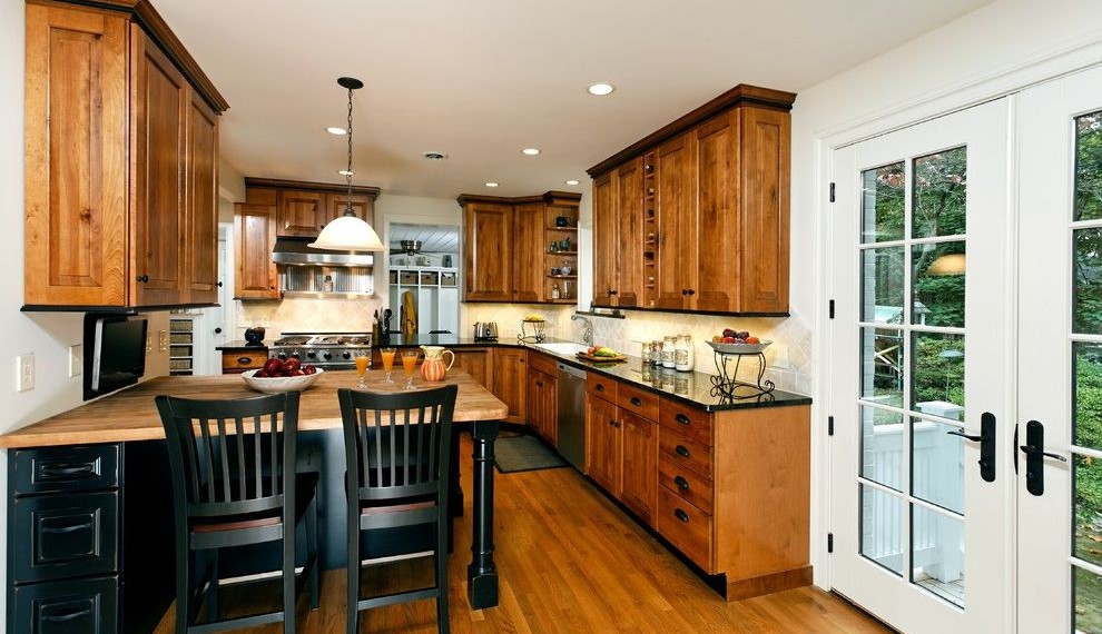 Butcher Block Tops Traditional Kitchen with Tile Backsplash