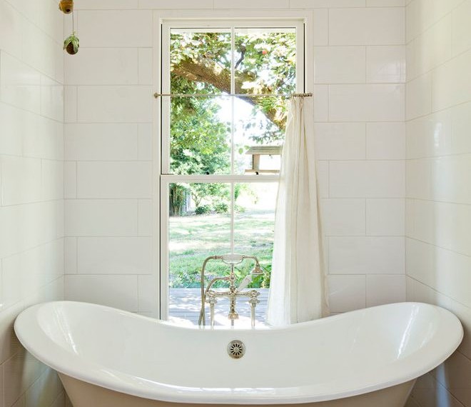 Cafe Curtain Rods Farmhouse Bathroom with Cream Curtain