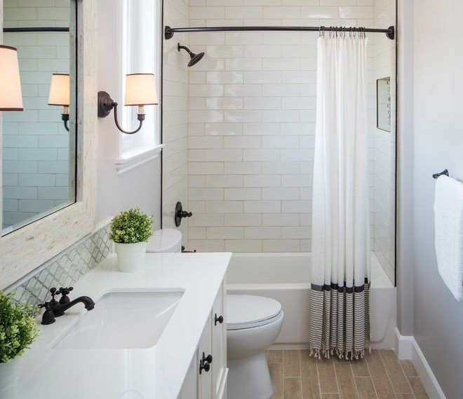 Cafe Curtain Rods Transitional Bathroom with White Curtains