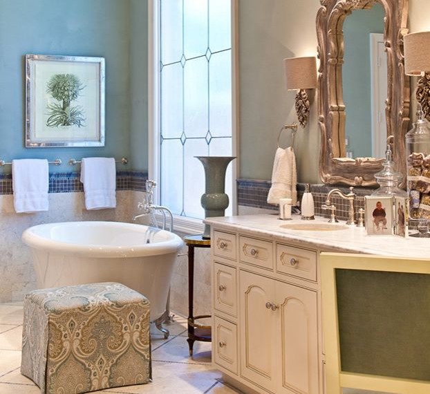 Cast Iron Clawfoot Tub Traditional Bathroom with Square Ottoman