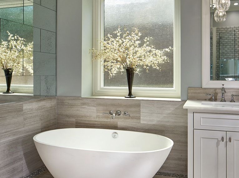 Cast Iron Clawfoot Tub Transitional Bathroom with Antique Mirror Tile