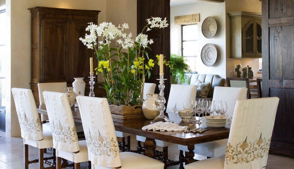 Chair Slip Covers Mediterranean Dining Room with Candlesticks
