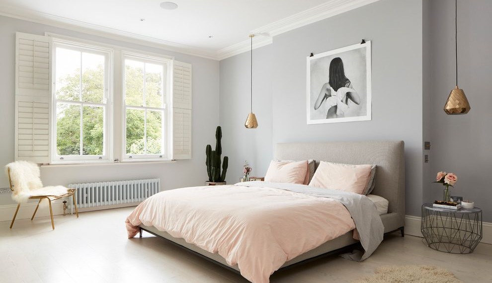 Color Block Curtains Contemporary Bedroom with Bedside Table