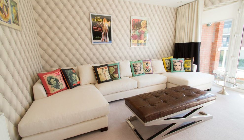 Color Block Curtains Contemporary Living Room with Entertainment Room