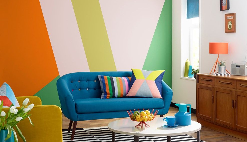 Color Block Curtains Contemporary Living Room with Multi Color Wall