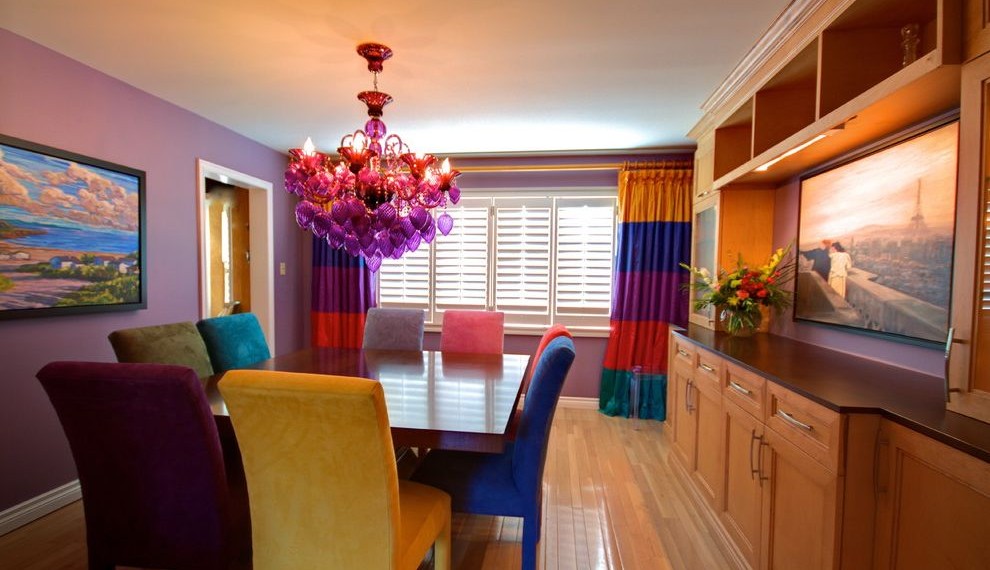 Color Block Curtains Eclectic Dining Room with Purple Walls