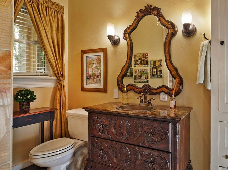 Color Block Curtains Traditional Bathroom with Furniture Style Vanity