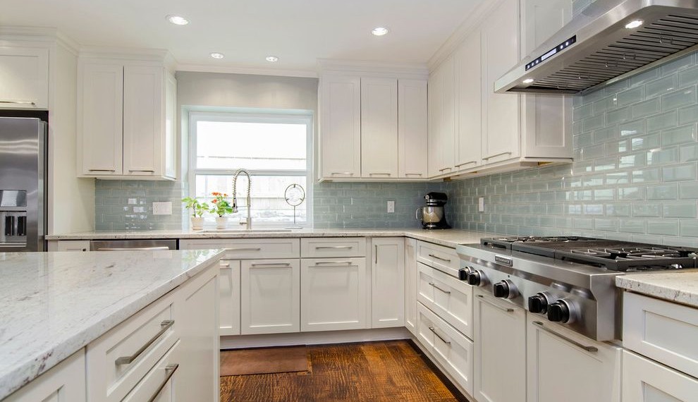 Color Block Curtains Transitional Kitchen with Scraped Wood Floor