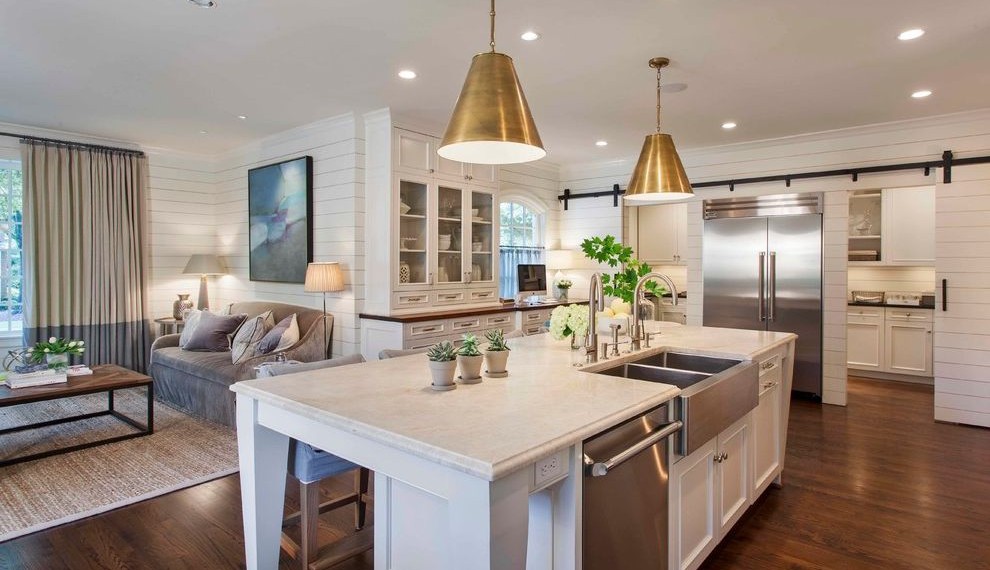 Color Block Curtains Transitional Kitchen with Sliding Barn Door