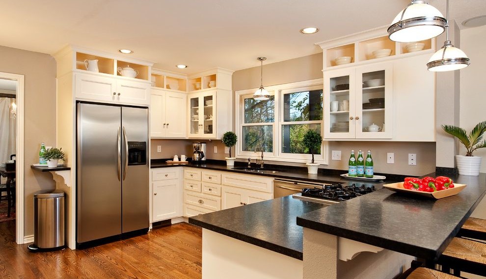 Cook Top Traditional Kitchen with Glass Top Cabinets