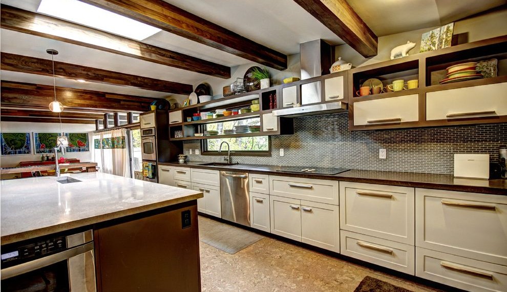 Cork Countertops Midcentury Kitchen with Kitchen Appliances