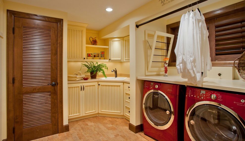 Cork Countertops Traditional Laundry Room with Louver Window Treatments