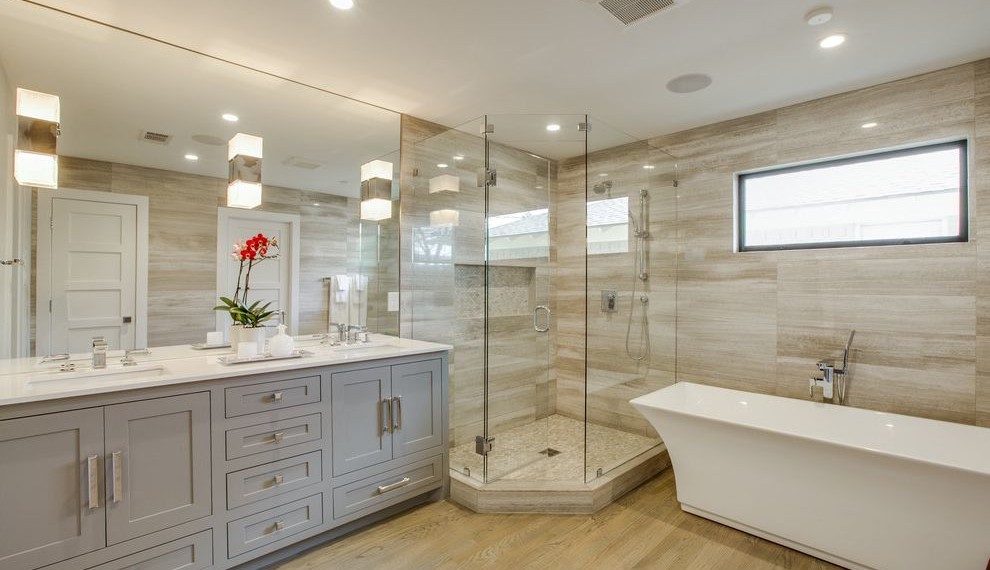 Cremone Bolt for Cabinets Transitional Bathroom with Hardwood Flooring