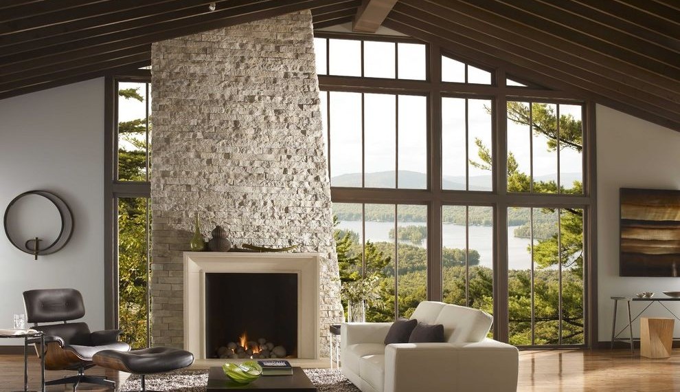 Cultured Stone Veneer Contemporary Living Room with Sloped Ceiling