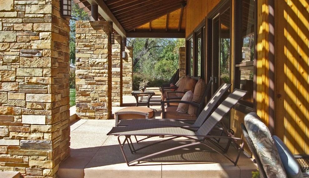 Cultured Stone Veneer Contemporary Patio with Covered Walkway