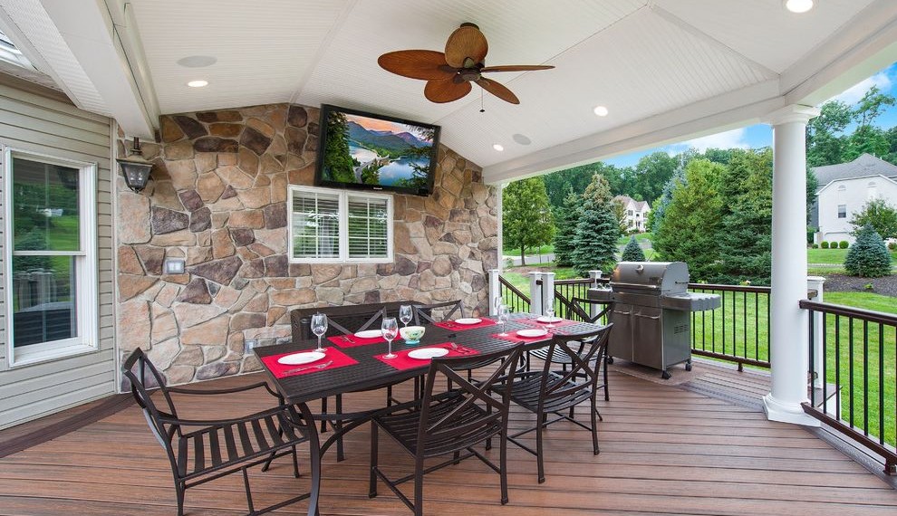 Cultured Stone Veneer Traditional Deck with Covered Patio