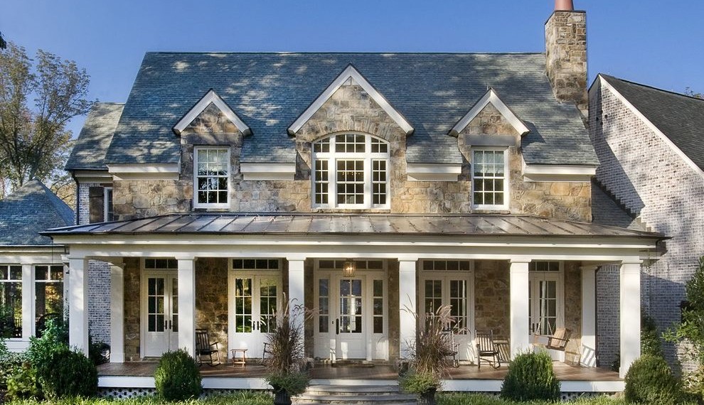 Cultured Stone Veneer Traditional Exterior with White Front Door