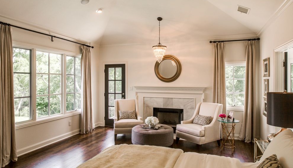 Curtains Rods Transitional Bedroom with Hardwood Floors