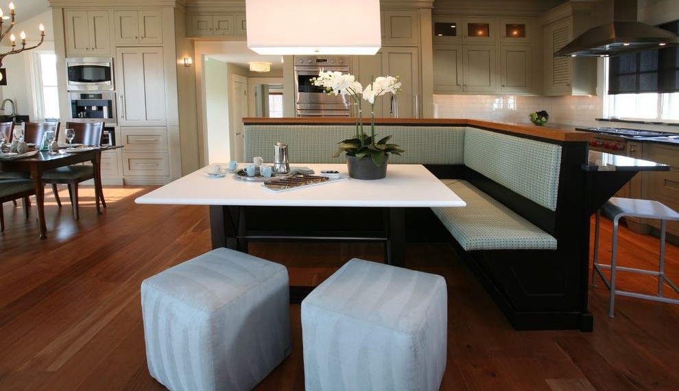 Cushioned Bench Beach Style Kitchen with Recessed Lighting