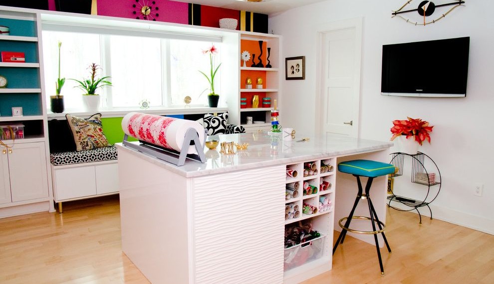 Cushioned Bench Contemporary Home Office with Pendant Light