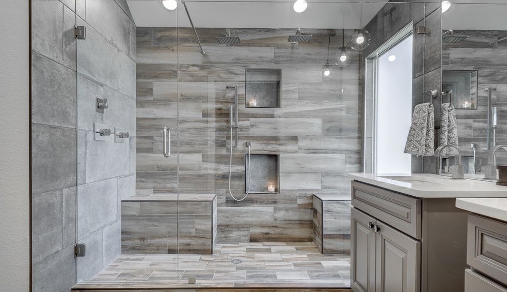 Cushioned Bench Modern Bathroom with Shower Rain Head