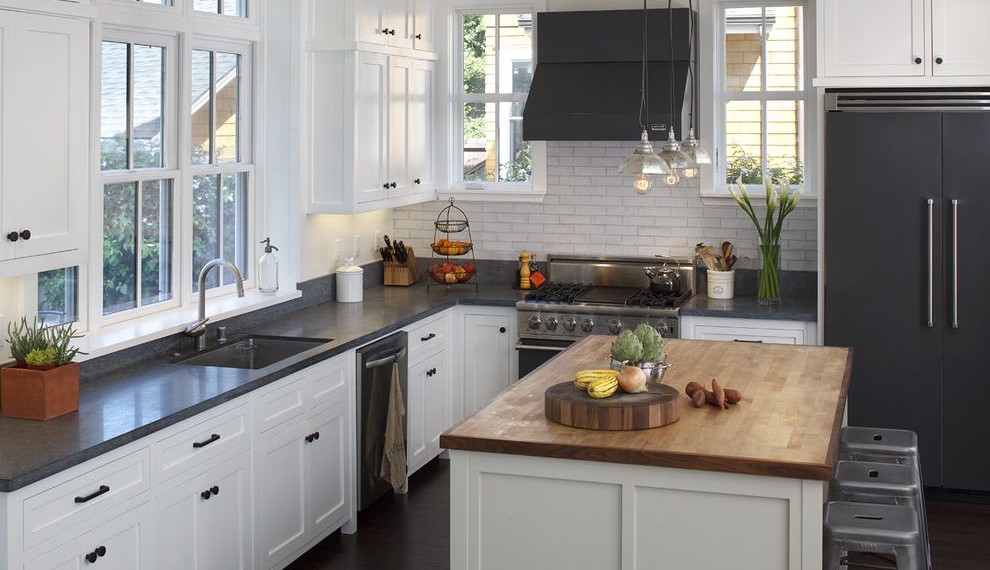 Cutting Board Countertop Rustic Kitchen with Wood Cabinets