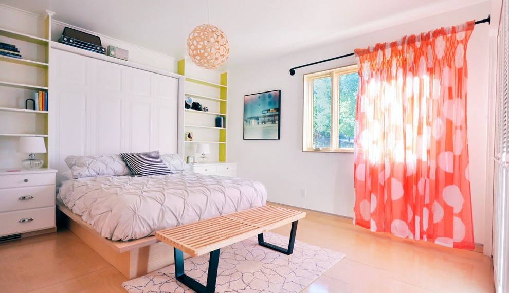 Darkening Curtains Contemporary Bedroom with Plywood Floor