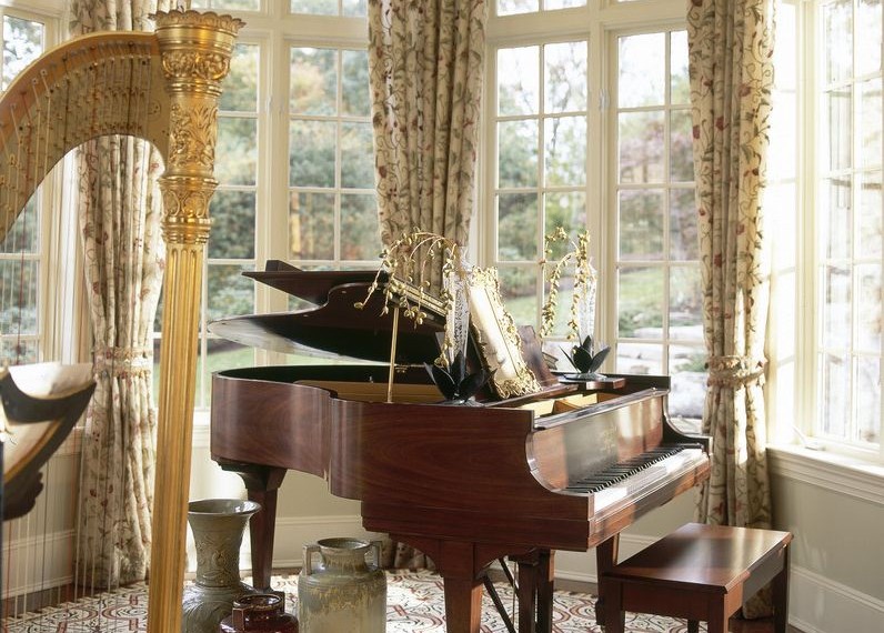 Darkening Curtains Traditional Living Room with Grand Piano