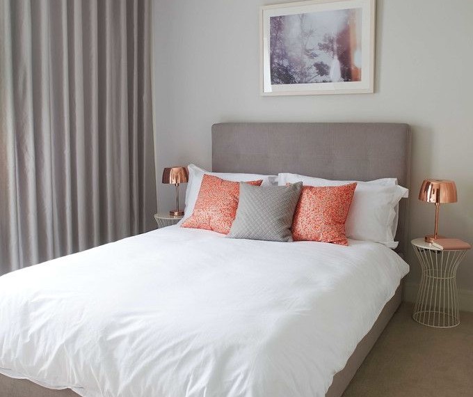 Darkening Curtains Transitional Bedroom with Orange Mattress Custom Bedding