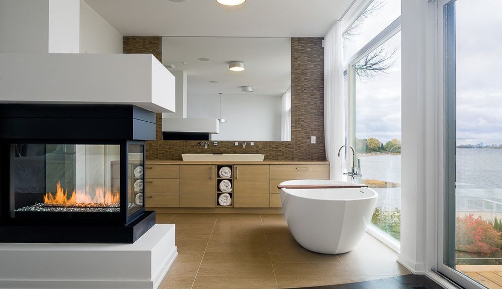 Direct Vent Gas Fireplace Contemporary Bathroom with Vessel Sink