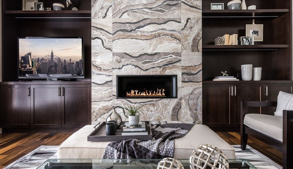 Direct Vent Gas Fireplace Modern Family Room with Wood Fireplace Shelves